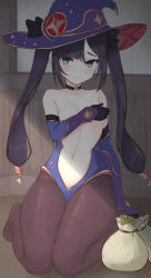 Rule 34 | 1girl, aqua eyes, areola slip, bad id, bad pixiv id, black hair, black pantyhose, blush, breasts, closed mouth, coin, collar, covering privates, covering breasts, genshin impact, gloves, hair between eyes, hair ornament, hat, highres, indoors, long hair, looking at viewer, medium breasts, mona (genshin impact), moneybag, navel, pantyhose, sitting, taramayo dx, topless, twintails, wariza, witch hat