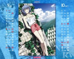 Rule 34 | 00s, 1girl, 2002, against wall, arms behind back, ayanami rei, bare shoulders, blue hair, breasts, brick, building, calendar, camisole, casual, cloud, crop top, dated, day, dutch angle, gainax calendar, hair between eyes, leaf, legs, looking at viewer, masayuki (gainax), medium breasts, midriff, mountain, nature, navel, neon genesis evangelion, nerv, non-web source, october, official art, official wallpaper, outdoors, plant, ribbon, september, shadow, short hair, short shorts, shorts, sky, smile, solo, standing, striped clothes, striped shorts, tank top, tree, vertical-striped clothes, vertical-striped shorts, vines, wallpaper, water, watermark, zoom layer