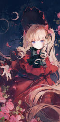 Rule 34 | 1girl, absurdres, black bow, black bowtie, blonde hair, blunt bangs, bonnet, bow, bowtie, capelet, child, cowboy shot, dress, drill hair, drill sidelocks, flower, hair flower, hair ornament, highres, light blush, light smile, lolita fashion, long hair, looking at viewer, maccha (mochancc), night, night sky, parted lips, pink flower, pink rose, red capelet, red dress, rose, rozen maiden, shinku, sidelocks, sky, solo, twintails, very long hair