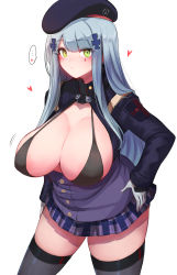 Rule 34 | 10eki (tenchou), 1girl, absurdres, beret, black thighhighs, blue hair, blush, breasts, cleavage, commentary request, girls&#039; frontline, green eyes, hair ornament, hat, heart, highres, hk416 (girls&#039; frontline), large breasts, light blue hair, looking at viewer, military, military uniform, parted bangs, pleated skirt, sagging breasts, sidelocks, simple background, skirt, solo, spoken heart, teardrop tattoo, thighhighs, thighs, uniform, white background