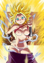 Rule 34 | 1girl, aura, bandeau, bandeau lift, blonde hair, blue eyes, breasts, caulifla, clothes pull, commentary, commission, contrapposto, dragon ball, dragon ball super, electricity, hand on own hip, highres, issa castagno, medium breasts, navel, nipples, panties, pants, pants pull, purple panties, red bandeau, smile, solo, spiked hair, super saiyan, super saiyan 2, underwear, white panties