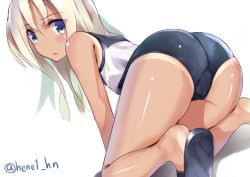 Rule 34 | 10s, 1girl, all fours, ass, bad id, bad pixiv id, blonde hair, blue eyes, blush, from behind, henet hene, kantai collection, long hair, looking back, one-piece swimsuit, ro-500 (kancolle), school swimsuit, simple background, solo, swimsuit, tan, tanline, twitter username, white background