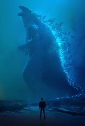Rule 34 | 1girl, absurdres, beach, bioluminescence, dinosaur, energy, epic, fog, giant, giant monster, glowing, godzilla, godzilla: king of the monsters, godzilla (series), highres, kaijuu, legendary pictures, madison russell, monster, monsterverse, movie poster, night, ocean, official art, roaring, sea monster, spikes, tail, toho, water