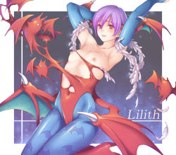 Rule 34 | 1girl, animal print, arm behind head, armpits, arms up, bat (animal), bat print, bat wings, blue pantyhose, blush, boots, breasts, breasts out, bridal gauntlets, character name, covered navel, demon girl, elbow gloves, feathers, from side, gloves, hair between eyes, head wings, high heel boots, high heels, highleg, highleg leotard, highres, kneeling, leotard, light particles, lilith aensland, looking at viewer, low wings, nipples, pantyhose, print pantyhose, purple hair, red eyes, red leotard, shiny clothes, short hair, small breasts, smile, solo, taut clothes, torn clothes, toshi, vampire (game), wings