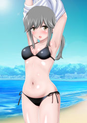 Rule 34 | 1girl, absurdres, beach, bikini, black bikini, blue sky, breasts, brown eyes, cowboy shot, day, grey hair, halterneck, highres, kantai collection, landscape, long hair, looking at viewer, mountain, noppo-san, ocean, outdoors, side-tie bikini bottom, sky, small breasts, solo, standing, swimsuit, undressing, usugumo (kancolle), water