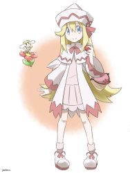 Rule 34 | 1girl, adapted costume, alternate costume, bag, blonde hair, blue eyes, blush stickers, capelet, creatures (company), crossover, dress, fairy wings, flabebe, flabebe (red flower), flower, full body, game freak, gen 6 pokemon, gradient background, handbag, hat, highres, jpeg artifacts, lily white, long hair, long sleeves, looking at viewer, nintendo, parody, pink legwear, poke ball, poke ball (basic), pokemon, pokemon (creature), shoes, signature, smile, socks, style parody, touhou, wide sleeves, wings, yutamaro