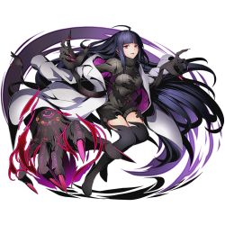 Rule 34 | 10s, 1girl, absurdly long hair, ahoge, anima (road to dragon), black footwear, black hair, black sweater, black thighhighs, boots, divine gate, full body, long hair, nail polish, official art, pink nails, red eyes, road to dragons, solo, sweater, thigh boots, thighhighs, transparent background, ucmm, very long hair