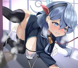 Rule 34 | 1girl, ako (blue archive), all fours, bdsm, black jacket, black thighhighs, blazer, blue archive, blue eyes, blue hair, blush, bottomless, bow, breast cutout, breasts, breasts out, breath, clenched teeth, collar, drooling, earrings, embarrassed, exhibitionism, female pubic hair, furrowed brow, hair between eyes, hair ribbon, hairband, hands on floor, heavy breathing, highres, humiliation, jacket, jewelry, lactating into container, lactation, leash, leg lift, leg up, long hair, long sleeves, michinoku (michino934), navel, nexon, nipples, pee, peeing, peeing like a dog, pet play, price, price tag, pubic hair, public indecency, puddle, red bow, red ribbon, ribbon, saliva, saliva trail, shade, shaded face, shadow, sidelocks, steam, sweat, sweatdrop, tearing up, tears, teeth, thighhighs, twitter username, water drop, wet, wet clothes