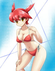 Rule 34 | 1girl, bare shoulders, bikini, blue background, blush, breasts, cleavage, creatures (company), covered erect nipples, game freak, gen 3 pokemon, hand on own thigh, large breasts, latias, legendary pokemon, looking at viewer, navel, nintendo, personification, pokehiko (nexus009), pokemon, pokemon adventures, red bikini, red hair, short hair, solo, swimsuit, yellow eyes