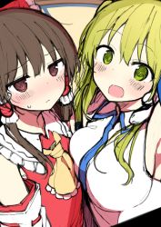 Rule 34 | 2girls, armpits, ascot, asymmetrical docking, bad id, bad pixiv id, bare shoulders, black hair, blush, bow, breast press, breasts, brown eyes, commentary request, detached sleeves, frilled ascot, frilled bow, frilled shirt collar, frills, green eyes, green hair, hair bow, hair ornament, hair tubes, hakurei reimu, highres, jitome, kochiya sanae, large breasts, long hair, long sleeves, looking at viewer, multiple girls, open mouth, red bow, shirt, shnva, sidelocks, sketch, snake hair ornament, sweat, touhou, upper body, white shirt, yellow ascot