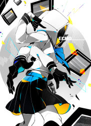 1girl al_(arupaka) blue_bow blue_bowtie bow bowtie commentary_request copyright_name echo_(vocaloid) extra_arms feet_out_of_frame from_behind gloves half_gloves kneehighs long_sleeves midriff_peek object_head pleated_skirt pointing pointing_at_self primadonna_(echo) school_uniform shirt skirt socks solo television two-sided_fabric two-sided_skirt vocaloid