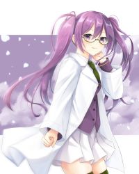 Rule 34 | 1girl, arm up, buttons, closed mouth, commentary request, fate/grand order, fate (series), glasses, green-framed eyewear, green necktie, green thighhighs, hair between eyes, hand on own face, iris yayoi, lab coat, long hair, long sleeves, looking at viewer, miniskirt, necktie, open clothes, purple eyes, purple hair, purple shirt, shirt, sion eltnam sokaris, skirt, smile, solo, thighhighs, twintails, white skirt