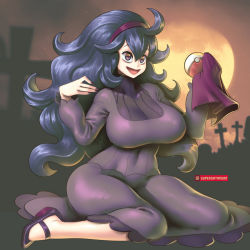 Rule 34 | 1girl, @ @, ahoge, alternate breast size, black dress, blush, breasts, creatures (company), dress, game freak, goth fashion, graveyard, hair between eyes, hairband, hex maniac (pokemon), huge breasts, large breasts, long hair, messy hair, mixed-language commentary, moon, nail polish, nintendo, open mouth, paid reward available, pokemon, pokemon xy, purple eyes, purple footwear, purple hair, ribbed sweater, shoes, sitting, smile, solo, supersatanson, sweater, tombstone