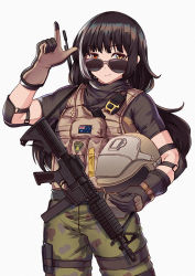 Rule 34 | 1girl, australian flag, aviator sunglasses, black hair, black shirt, bulletproof vest, camouflage, camouflage pants, closed mouth, colt 9mm smg, girls&#039; frontline, gloves, gun, hand gesture, helmet, heterochromia, holding, holding helmet, long hair, looking at viewer, looking over eyewear, looking over glasses, multicolored hair, multiple girls, pants, parody, persocon93, pouch, rainbow six siege, red eyes, ro635 (girls&#039; frontline), shirt, simple background, smile, solo, submachine gun, sunglasses, tactical clothes, tinted eyewear, two-tone hair, unworn headwear, unworn helmet, vest, weapon, white background, white hair, yellow eyes