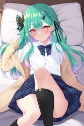Rule 34 | 1girl, bed sheet, black socks, blue skirt, blush, bow, bowtie, breasts, butterfly hair ornament, butterfly in eye, cardigan, earrings, gradient hair, green hair, hair ornament, highres, hololive, jewelry, kneehighs, kurono yuzuko, long hair, looking at viewer, multicolored hair, nail polish, official alternate costume, on bed, pillow, plaid, plaid skirt, red eyes, school uniform, shirt, skirt, small breasts, smile, socks, solo, uruha rushia, uruha rushia (school uniform), virtual youtuber, white shirt