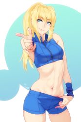 Rule 34 | 1girl, artist name, blonde hair, blue eyes, clothes pull, crop top, feguimel, hand under clothes, hand under shorts, highres, metroid, metroid fusion, midriff, mole, mole under mouth, navel, nintendo, pointing, pointing at viewer, ponytail, samus aran, short shorts, shorts, shorts pull, sleeveless, smile, solo, standing, stomach, thigh gap, toned, wristband