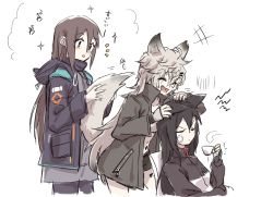 Rule 34 | 3girls, animal ears, annoyed, arknights, black hair, blush, brown hair, closed eyes, commentary request, cup, doctor (arknights), dog ears, female doctor (arknights), female focus, hand on another&#039;s ear, headpat, hood, hooded jacket, hoodie, jacket, lappland (arknights), material growth, multiple girls, nejikyuu, oripathy lesion (arknights), pantyhose, sitting, tail, teacup, texas (arknights), touching ears, translation request, white hair, wolf ears, wolf tail