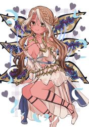 Rule 34 | 151moneco, 1girl, andromeda (fate), andromeda (first ascension) (fate), bare shoulders, breasts, brown hair, chain, choker, cleavage, closed mouth, dark-skinned female, dark skin, detached sleeves, fate/grand order, fate (series), green eyes, hair ornament, hand on own chin, heart, highres, long hair, medium breasts, see-through, see-through skirt, shoes, skirt, smile, solo, white footwear, white hair