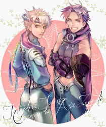 Rule 34 | 2boys, adapted costume, aiuola, alternate costume, bad id, bad pixiv id, battle tendency, beanie, blonde hair, blue eyes, blue jacket, bomber hat, caesar anthonio zeppeli, character name, cropped jacket, crossed arms, facial mark, feather hair ornament, feathers, fingerless gloves, gauntlets, gloves, green eyes, grin, hair ornament, hat, headband, jacket, jojo no kimyou na bouken, joseph joestar, joseph joestar (young), male focus, midriff, multiple boys, pants, purple hair, scarf, science fiction, shoulder pads, smile, striped clothes, striped scarf, unworn hat, unworn headwear, white pants