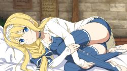 Rule 34 | 10s, 1girl, alice zuberg, barefoot, blonde hair, blouse, blue eyes, blue shirt, blue shorts, blue thighhighs, braid, breasts, choker, cleavage, feet, from side, hair ornament, hugging own legs, jacket, long hair, looking at viewer, low-tied long hair, lying, medium breasts, no shoes, official art, on side, shirt, short shorts, shorts, single braid, solo, striped clothes, striped shirt, striped thighhighs, sword art online, thighhighs, toeless legwear, toes, vertical stripes, white jacket