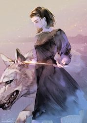 Rule 34 | 1girl, a song of ice and fire, artist name, arya stark, black dress, brown hair, character request, dress, game of thrones, head tilt, holding, holding sword, holding weapon, isaac hein iii, outdoors, scenery, signature, snowing, solo, standing, sword, weapon, wolf