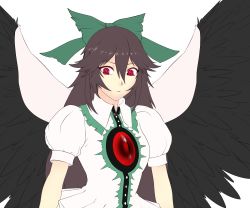 Rule 34 | 1girl, absurdres, black hair, bow, cape, frills, green bow, hair between eyes, hair bow, highres, lautaro, long hair, puffy sleeves, red eyes, reiuji utsuho, simple background, solo, touhou, upper body, white background