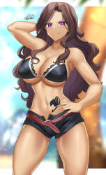 Rule 34 | 1girl, absurdres, arm up, bikini, black bikini, black shorts, blurry, blurry background, breasts, brown hair, cana alberona, cleavage, closed mouth, collarbone, fairy tail, highres, large breasts, long hair, looking at viewer, navel, nez-box, purple eyes, short shorts, shorts, signature, smile, swimsuit, tattoo, thighs, underboob
