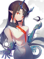 Rule 34 | 1girl, arknights, bead bracelet, beads, black hair, blue hair, blue skin, bracelet, breasts, colored skin, cowboy shot, crescent moon, dragon girl, dragon horns, dragon tail, dress, dusk (arknights), earrings, fiery tail, gradient skin, head tilt, highres, horns, ink, jewelry, long hair, looking at viewer, medium breasts, moon, multicolored hair, parted lips, pointy ears, red eyes, shir l1, sleeveless, sleeveless dress, solo, streaked hair, tail, two-tone hair, very long hair, white background, white dress