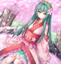 Rule 34 | 1girl, bad id, bad pixiv id, blush, brown eyes, cherry blossoms, closed mouth, flower, green hair, green hairband, green skirt, hair between eyes, hairband, highres, japanese clothes, kimono, long hair, looking at viewer, murano, obi, petals, pink flower, pink kimono, pleated skirt, sash, skirt, solo, touhoku zunko, tree, very long hair, voiceroid