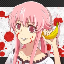 Rule 34 | 1girl, banana, banana in ear, blood, blood on clothes, blood on face, blood splatter, collarbone, crazy, evil smile, food, frills, fruit, gasai yuno, grin, holding, holding food, holding fruit, long hair, looking at viewer, low twintails, lowres, mirai nikki, parody, pink hair, portrait, red eyes, smile, solo, teeth, twintails, waruiga, yandere