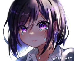 Rule 34 | 1girl, airiiart, artist name, blush, closed mouth, collared shirt, commentary, crying, english commentary, instagram username, lips, multicolored hair, original, purple eyes, purple hair, shirt, short hair, simple background, solo, tears, upper body, white background, white shirt