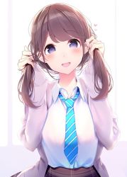 Rule 34 | 1girl, :d, blue necktie, blush, breasts, brown skirt, bunching hair, chikuwa., collared shirt, commentary request, diagonal-striped clothes, diagonal-striped necktie, diagonal-striped neckwear, hands up, heart, highres, jacket, long hair, long sleeves, looking at viewer, low twintails, medium breasts, necktie, open clothes, open jacket, open mouth, original, pink jacket, purple eyes, shirt, skirt, sleeves past wrists, smile, solo, striped clothes, striped necktie, striped neckwear, twintails, upper body, white shirt