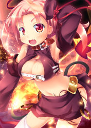 Rule 34 | 1girl, blush, breasts, cleavage, collar, fang, fire, large breasts, looking at viewer, midriff, navel, open mouth, pink eyes, pink hair, sekine irie, smile, solo