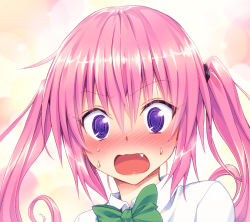 Rule 34 | 10s, 1girl, @ @, blush, bow, bowtie, colorized, detexted, embarrassed, fang, flustered, gradient background, highres, looking at viewer, multicolored background, nana asta deviluke, non-web source, open mouth, pink hair, portrait, purple eyes, school uniform, shirt, solo, sweat, third-party edit, to love-ru, to love-ru darkness, twintails, white shirt, yabuki kentarou, yamaiwa shuuhai