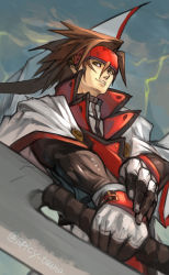 Rule 34 | 1boy, belt, brown hair, cloud, cloudy sky, english text, gloves, guilty gear, guilty gear xx, hair between eyes, headband, highres, holding, holding sword, holding weapon, lightning, long hair, male focus, mountain, order-sol, ponytail, signature, sketch, sky, smile, sol badguy, solo, sword, tsuna (akmu8832), weapon, white background, white gloves