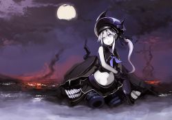 Rule 34 | 10s, 1girl, abyssal ship, amputee, colored skin, destroyer princess, double amputee, full moon, gloves, hat, kamui0226, kantai collection, long hair, moon, purple eyes, school uniform, serafuku, side ponytail, solo, white hair, white skin