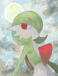 Rule 34 | 1girl, absurdres, arms at sides, blush, bob cut, closed mouth, colored skin, creatures (company), dutch angle, female focus, flat chest, game freak, gardevoir, gen 3 pokemon, green hair, green skin, hair over one eye, highres, looking at viewer, multicolored skin, nintendo, nishinori (24no71), one eye covered, outdoors, pokemon, pokemon (creature), red eyes, short hair, solo, standing, two-tone skin, upper body, white skin