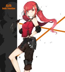 Rule 34 | 1girl, asymmetrical clothes, bad id, bad twitter id, black gloves, blush, breasts, character name, commentary request, cz75 (girls&#039; frontline), cz 75, ekuesu, fingerless gloves, girls&#039; frontline, gloves, gun, hair ornament, hairclip, handgun, highres, holding, long hair, looking at viewer, pistol, red eyes, red hair, sleeveless, solo, twintails, very long hair, weapon, whip