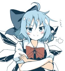 Rule 34 | 1girl, blue hair, cirno, closed mouth, collared shirt, crossed arms, do (4-rt), fairy wings, hair ribbon, highres, ribbon, shirt, short hair, short sleeves, simple background, smile, touhou, wings