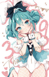 Rule 34 | 1girl, 39, 2022, :&gt;, animal ears, bare shoulders, bicute bunnies miku, black ribbon, blue eyes, blue footwear, blue hair, blue nails, bow, breasts, cleavage, closed mouth, commentary, cowboy shot, dot nose, double bun, ear bow, fake animal ears, fingernails, fishnet legwear, fishnets, foot up, frilled cuffs, frills, fur-trimmed leotard, fur trim, hair between eyes, hair bun, hands up, hatsune miku, head tilt, heart, high heels, highres, leotard, light blush, looking at viewer, medium breasts, myaco9, nail polish, outline, pink outline, pom pom (clothes), rabbit ears, ribbon, sidelocks, simple background, smile, solo, sparkle, star (symbol), string of flags, thank you, twitter username, vocaloid, white background, white leotard, wrist cuffs