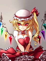 Rule 34 | 1girl, adapted costume, blonde hair, breasts, cleavage, closed mouth, crystal, detached sleeves, flandre scarlet, frilled skirt, frills, hair between eyes, hat, highres, long hair, mob cap, one side up, raptor7, red eyes, red skirt, shaded face, skirt, smile, solo, tattoo, touhou, white hat, wings, wrist cuffs