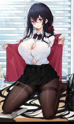 Rule 34 | 1girl, absurdres, ahoge, azur lane, bad id, bad pixiv id, bag, black bag, black bow, black bowtie, black hair, black pantyhose, black skirt, window blinds, book, bottle, bow, bowtie, bra visible through clothes, breasts, brown pantyhose, button gap, closed mouth, collared shirt, dress shirt, glasses, hair ribbon, highres, holding, huge ahoge, indoors, jacket, large breasts, long hair, looking at viewer, mcic0, navel, no shoes, official alternate costume, on floor, open clothes, open jacket, pantyhose, pleated skirt, red eyes, red jacket, red ribbon, ribbon, school bag, school uniform, shirt, shirt tucked in, sidelocks, sitting, skirt, smile, solo, taihou (azur lane), taihou (sweet time after school) (azur lane), taut clothes, taut shirt, thighband pantyhose, very long hair, wariza, water bottle, white shirt, wing collar
