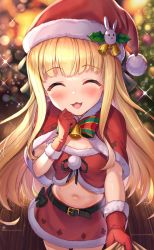 Rule 34 | 1girl, :3, akabane (zebrasmise), bauble, bell, belt, blonde hair, blurry, blurry background, bokeh, bow, bowtie, capelet, christmas, christmas ornaments, christmas tree, closed eyes, clothes grab, commentary, cowboy shot, crop top, depth of field, fur-trimmed capelet, fur-trimmed shirt, fur-trimmed skirt, fur trim, glint, gloves, green bow, hand up, hat, hat bell, highres, holly, indoors, long hair, looking at viewer, midriff, miniskirt, mononobe alice, navel, neck bell, nijisanji, open mouth, pov, red bow, red capelet, red gloves, red hat, red shirt, red skirt, santa costume, santa gloves, santa hat, shirt, skirt, smile, solo, sparkle, standing, strapless, strapless shirt, tearing up, virtual youtuber, wooden floor