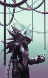 Rule 34 | 1boy, animal ears, bertro (housamo), bodysuit, cable, claws, closed mouth, commentary request, cowboy shot, fake animal ears, gloves, gradient background, grey background, helmet, limited palette, long hair, looking at viewer, male focus, parted lips, purple background, solo, sora-ya (uya kyo), tokyo houkago summoners