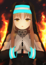Rule 34 | 1girl, armor, brown eyes, chestnut mouth, en&#039;en no shouboutai, fingers together, fire, gloves, gorget, habit, highres, light brown hair, long hair, looking at viewer, nijisanji, nun, pauldrons, reynii, shoulder armor, sister claire, solo, steepled fingers, upper body, virtual youtuber, white gloves
