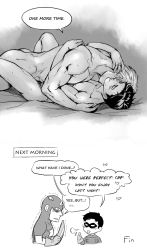 Rule 34 | 2boys, abs, aftersex, age difference, comic, drunk, english text, heart, kiss, male focus, monochrome, multiple boys, muscular, nude, pectorals, size difference, smile, speech bubble, text focus, yaoi