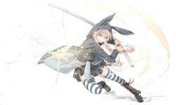 Rule 34 | 1girl, animal hood, blonde hair, blue eyes, boots, braid, clothes around waist, highres, holding, holding sword, holding weapon, hood, hood up, long hair, looking at viewer, mouth hold, original, satomi (black scarecrow), skirt, solo, striped clothes, striped thighhighs, sweater, sweater around waist, sword, thighhighs, twin braids, weapon, white background