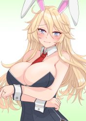 Rule 34 | 1girl, absurdres, animal ears, between breasts, black leotard, blonde hair, blue eyes, breasts, cleavage, commentary request, detached collar, highres, iowa (kancolle), kantai collection, large breasts, leotard, looking at viewer, neckerchief, nitamako (sakamalh), playboy bunny, rabbit ears, red neckerchief, simple background, solo, star-shaped pupils, star (symbol), strapless, strapless leotard, symbol-shaped pupils, upper body, white background, wrist cuffs