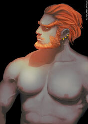 Rule 34 | 1boy, bad id, bad tumblr id, bara, beard, black background, closed mouth, colored skin, ear chain, earrings, facial hair, forked eyebrows, ganondorf, green skin, hair slicked back, highres, jewelry, male focus, mature male, muscular, muscular male, mustache, nintendo, nipples, orange hair, pectorals, profile, randombaradude, short hair, simple background, solo, the legend of zelda, thick beard, thick eyebrows, upper body, yellow eyes
