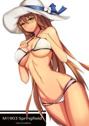 Rule 34 | 1girl, absurdres, bad id, bad pixiv id, bare arms, bare shoulders, bikini, blush, breasts, brown hair, character name, cleavage, closed mouth, clyde s, cowboy shot, crossed legs, girls&#039; frontline, green eyes, groin, hair between eyes, hair ribbon, hair rings, hands on own chest, hat, highres, large breasts, long hair, looking at viewer, lowleg, lowleg bikini, navel, o-ring, o-ring top, official alternate costume, ponytail, ribbon, ribs, sidelocks, simple background, skindentation, smile, solo, springfield (girls&#039; frontline), springfield (stirring mermaid) (girls&#039; frontline), stomach, sun hat, swimsuit, thighs, watson cross, white background, white bikini